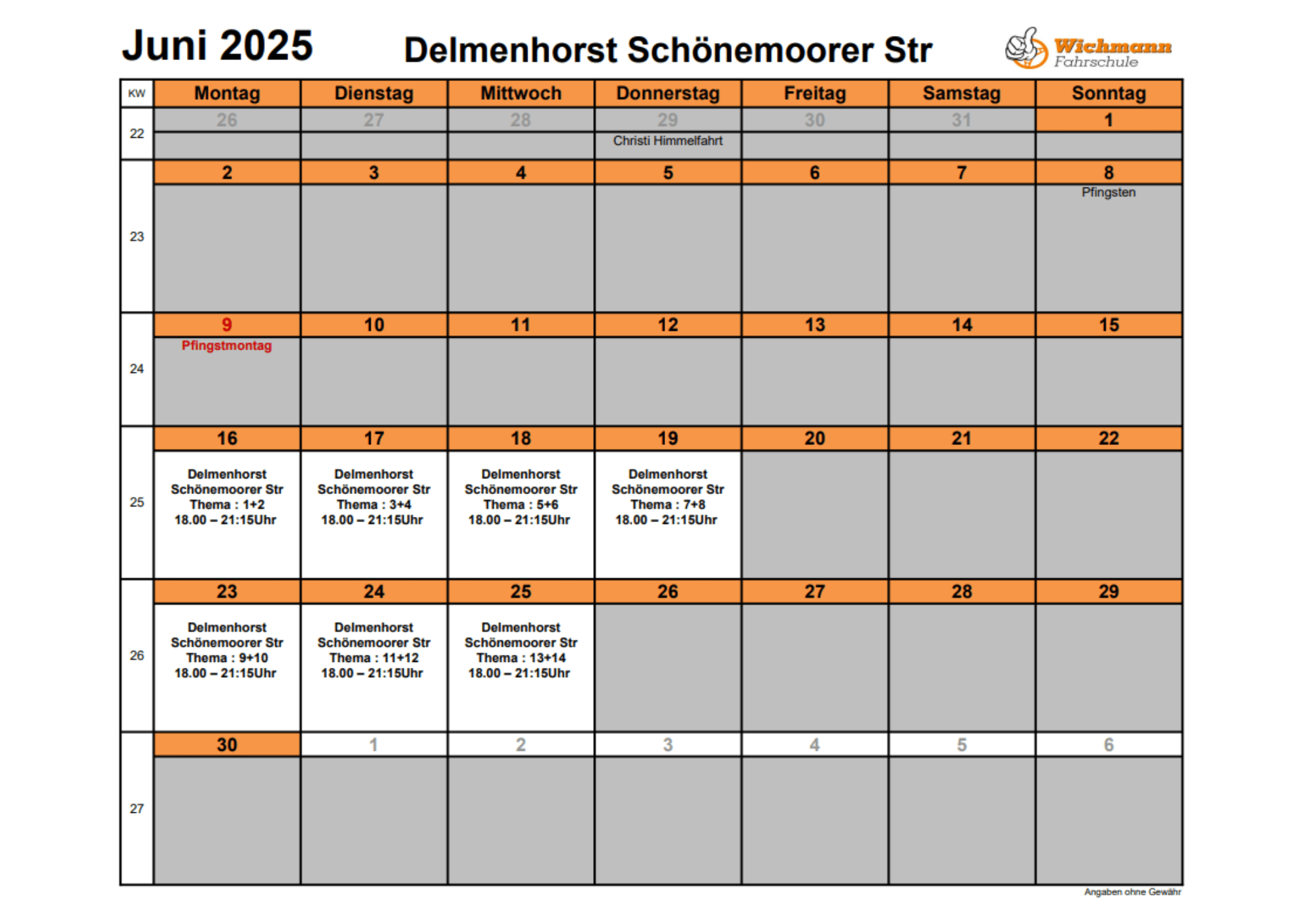 Der neue Theorieplan Juni 2025 der Fahrschule Wichmann in Delmenhorst bietet Abendkurse für Autoführerschein, Motorradführerschein, LKW Führerschein, Anhängerführerschein sowie Fahrlehrerausbildung – ideal für Intensivfahrschule-Teilnehmer. Theorieplan Juni 2025 der Fahrschule Wichmann mit Abendkursen in Delmenhorst für alle Führerscheinklassen.