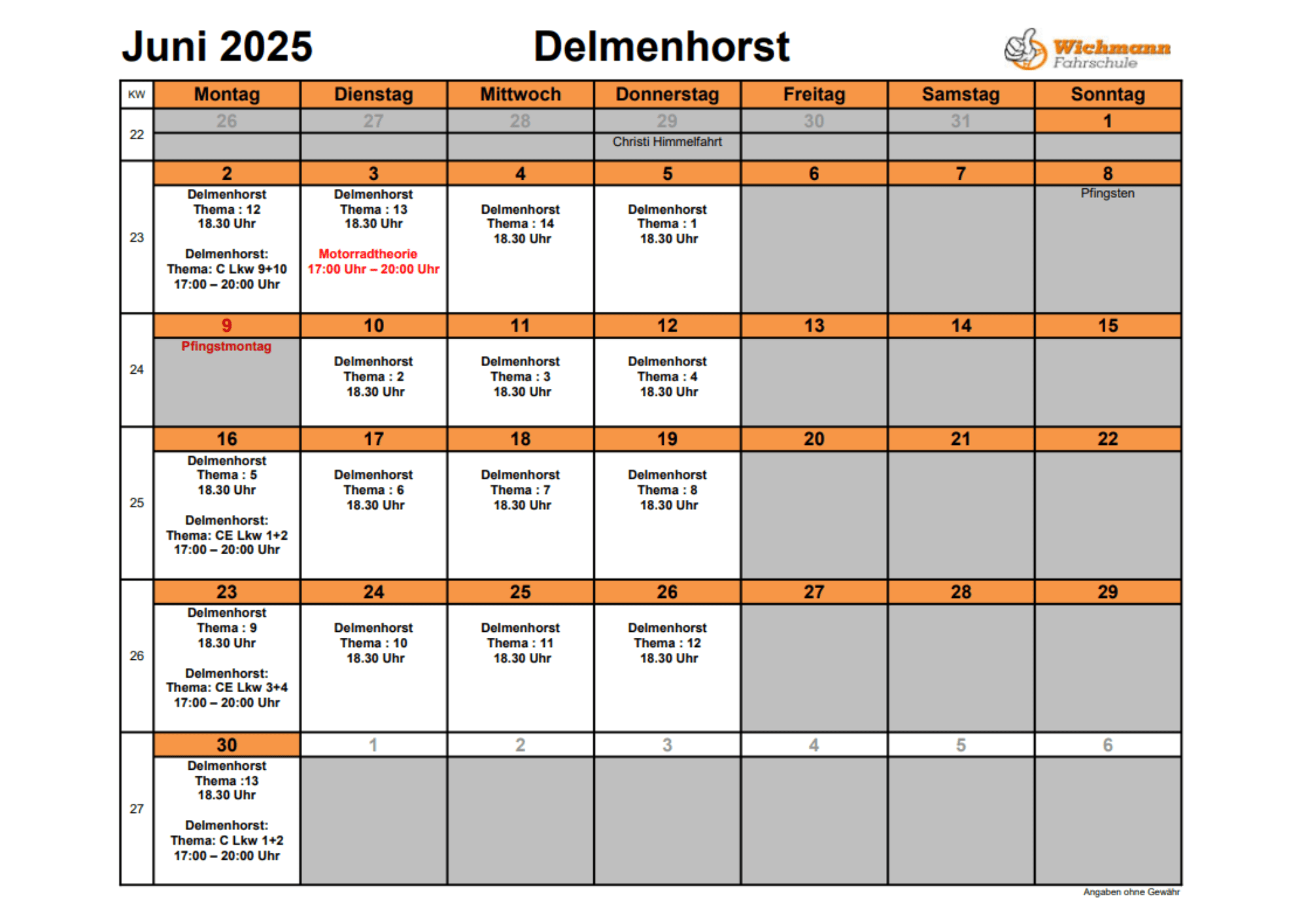 Der Theorieplan Juni 2025 der Fahrschule Wichmann in Delmenhorst zeigt Termine für Autoführerschein, Motorradführerschein, LKW- und Anhängerführerschein sowie die Intensivfahrschule – top organisiert für jede Fahrlehrerausbildung. Theorieplan Juni 2025 der Fahrschule Wichmann in Delmenhorst mit Terminen für alle Führerscheinklassen.