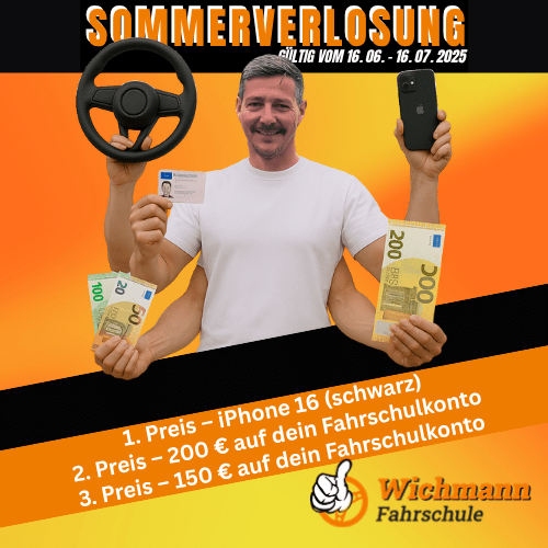 Kopie von Wichmann Social Media abeiträge 3 Junge Frau mit Führerschein vor Auto, daneben Fahrübungen mit Pylonen bei Fahrschule Wichmann in Delmenhorst.