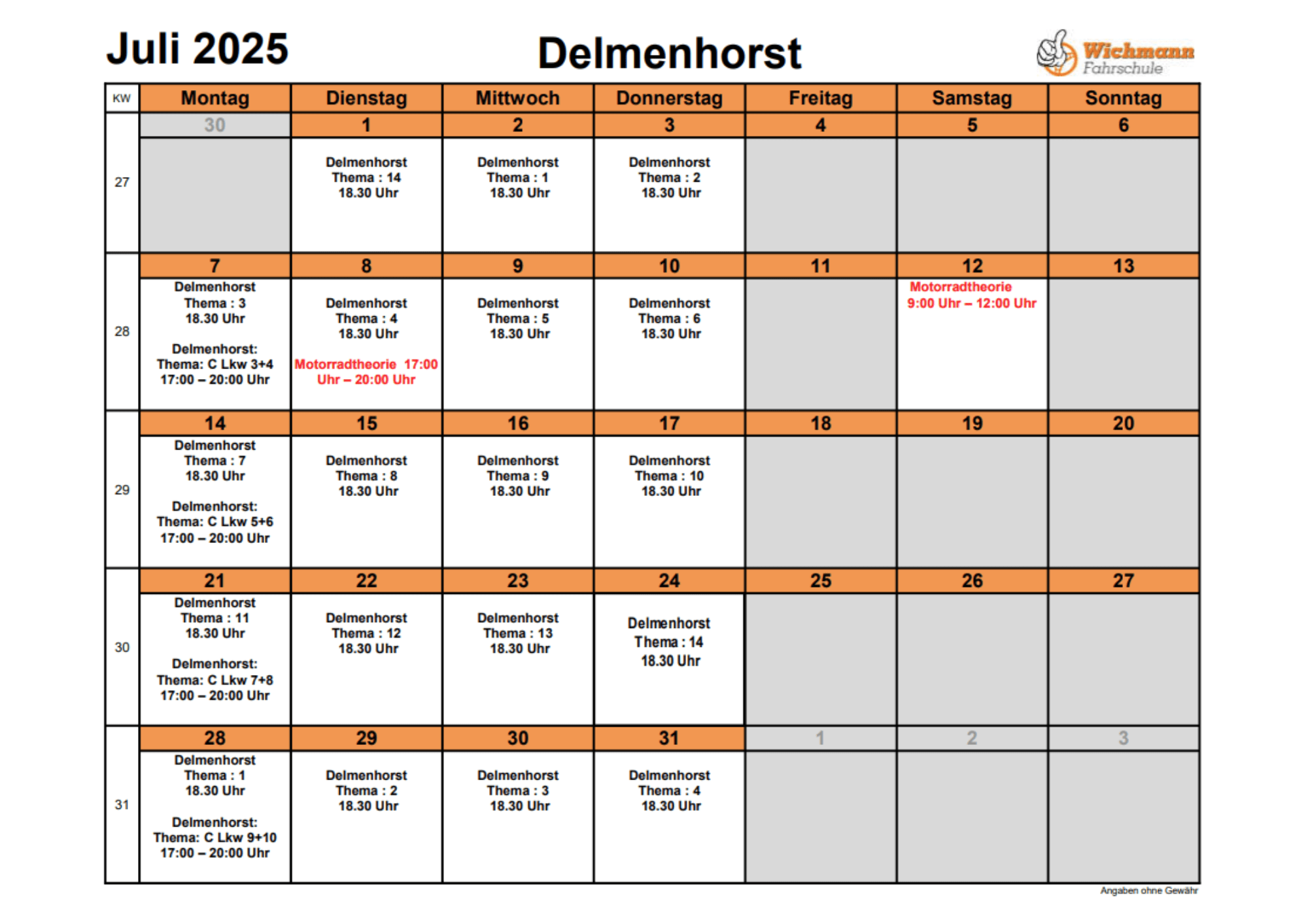 NEU Theorieplan Fahrschule Juli 2025 Delmenhorst 1 Ein Bild vom Stundenplan für den Theorieunterricht des Monats Juni