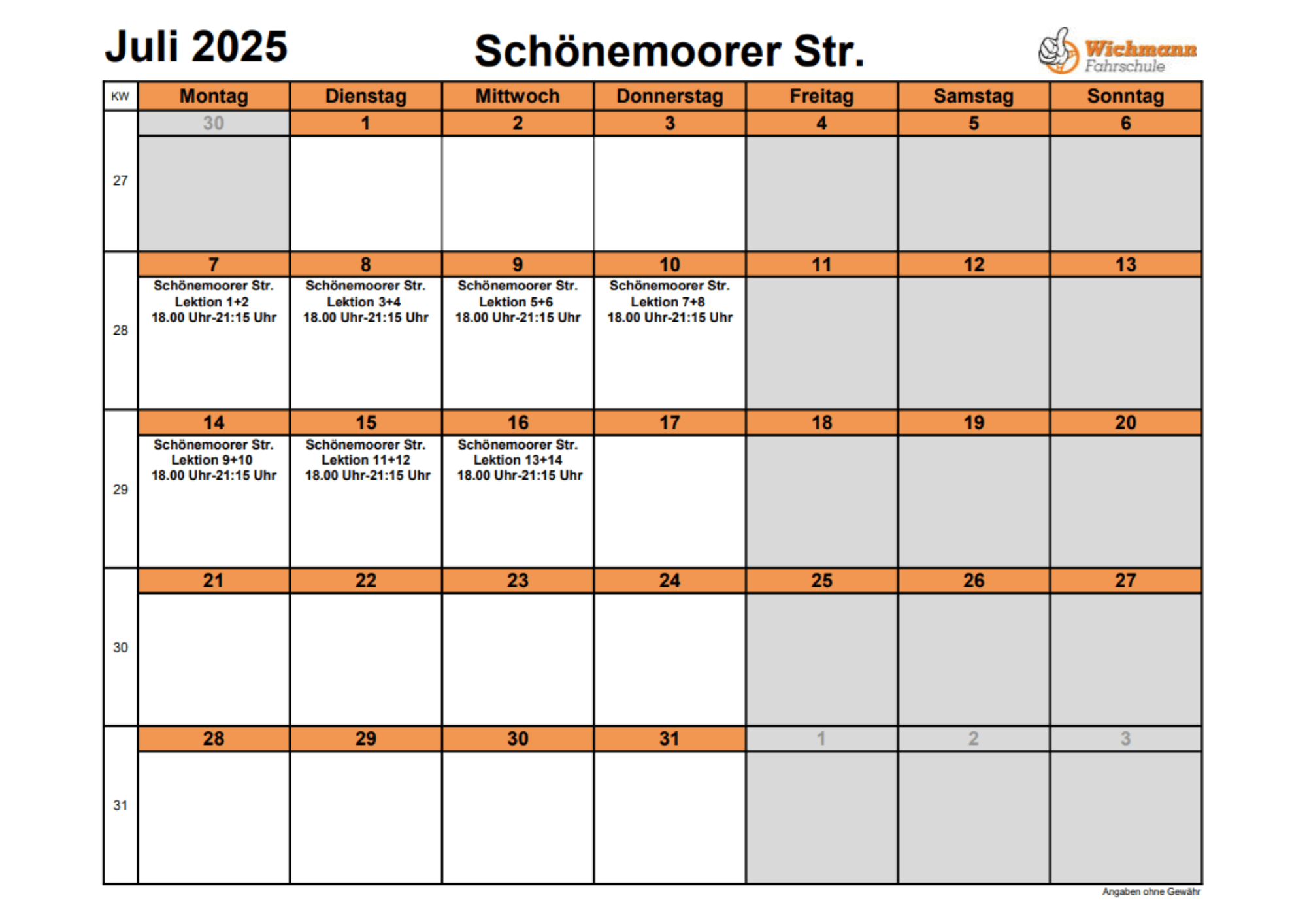Ein Bild vom Stundenplan für den Theorieunterricht des Monats Juni
