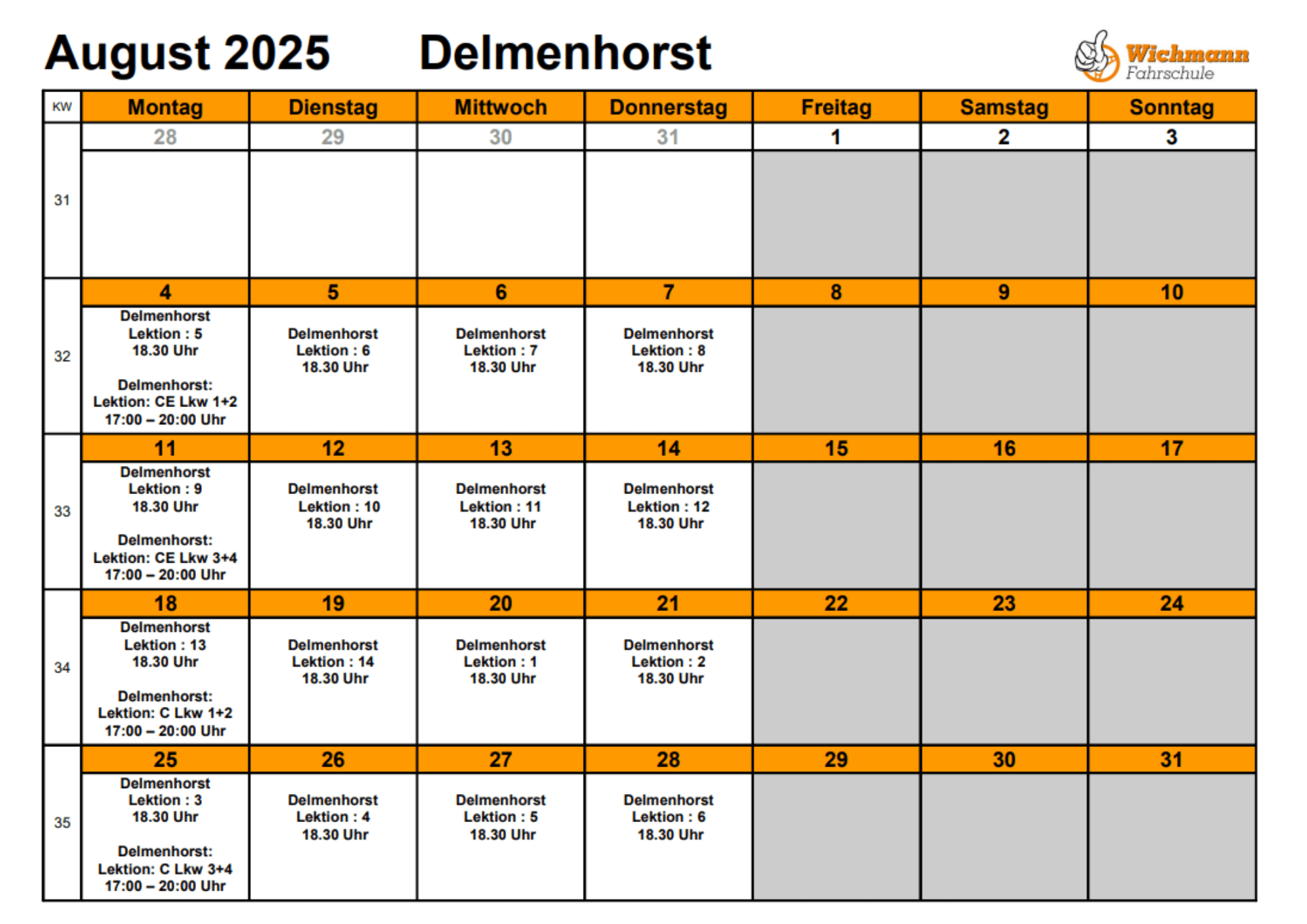 Theorieplan Juni 2025 der Fahrschule Wichmann in Delmenhorst mit Terminen für alle Führerscheinklassen.