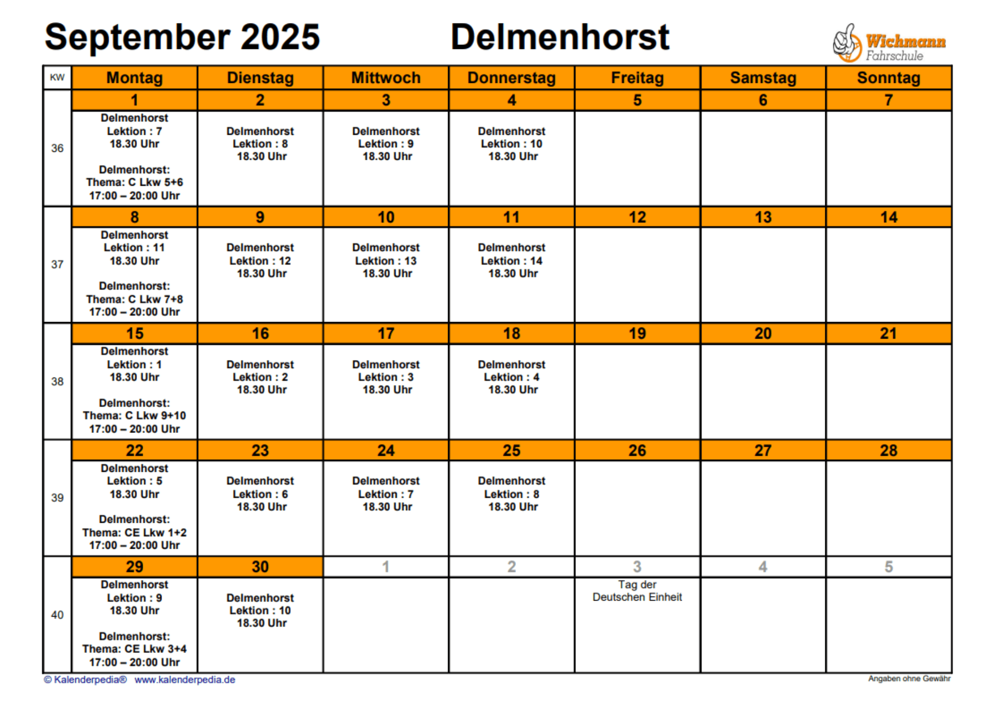 Ein Bild vom Stundenplan für den Theorieunterricht des Monats Juni
