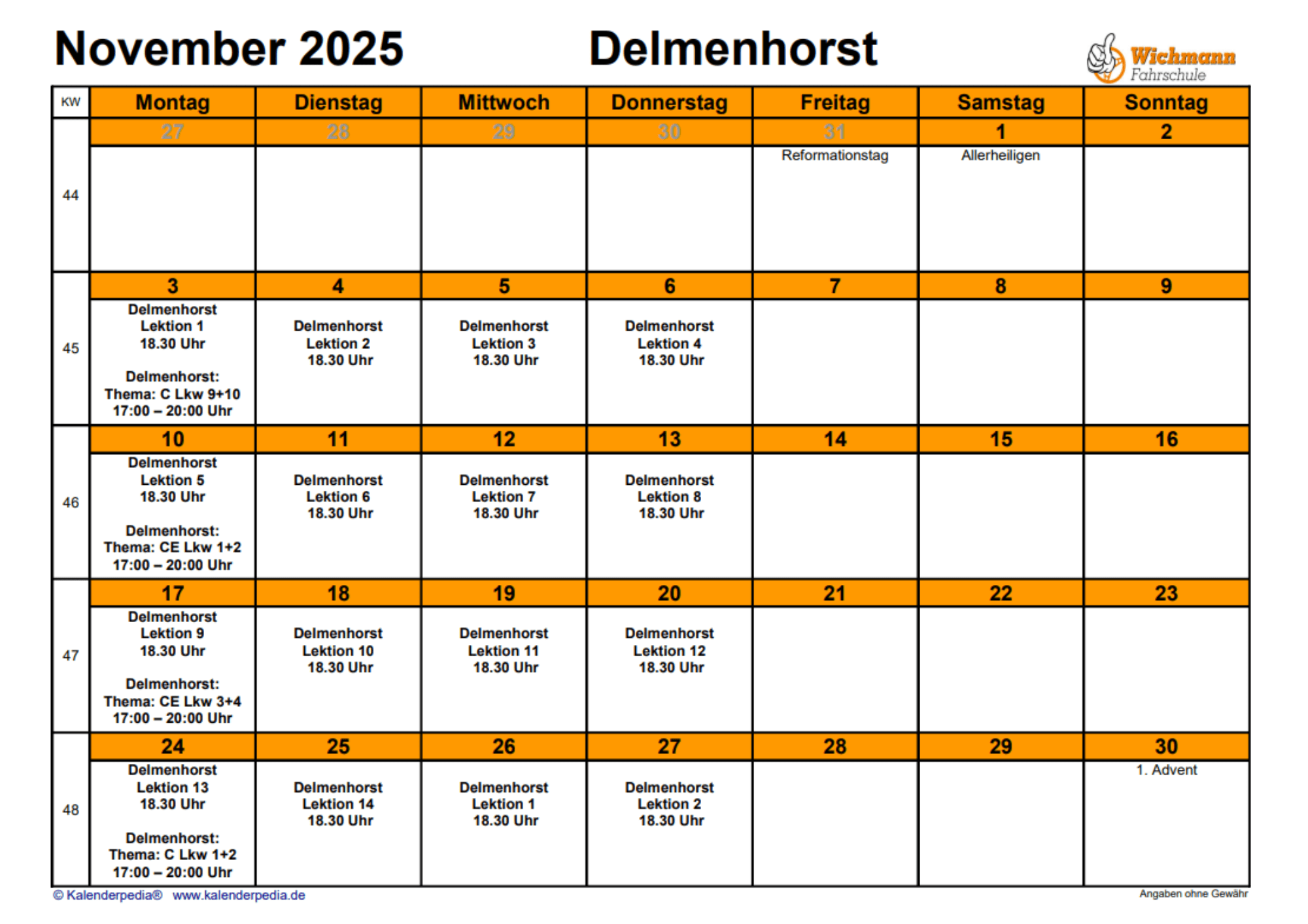 NEU Theorieplan Fahrschule November 2025 Delmenhorst Ein Bild vom Stundenplan für den Theorieunterricht des Monats Juni
