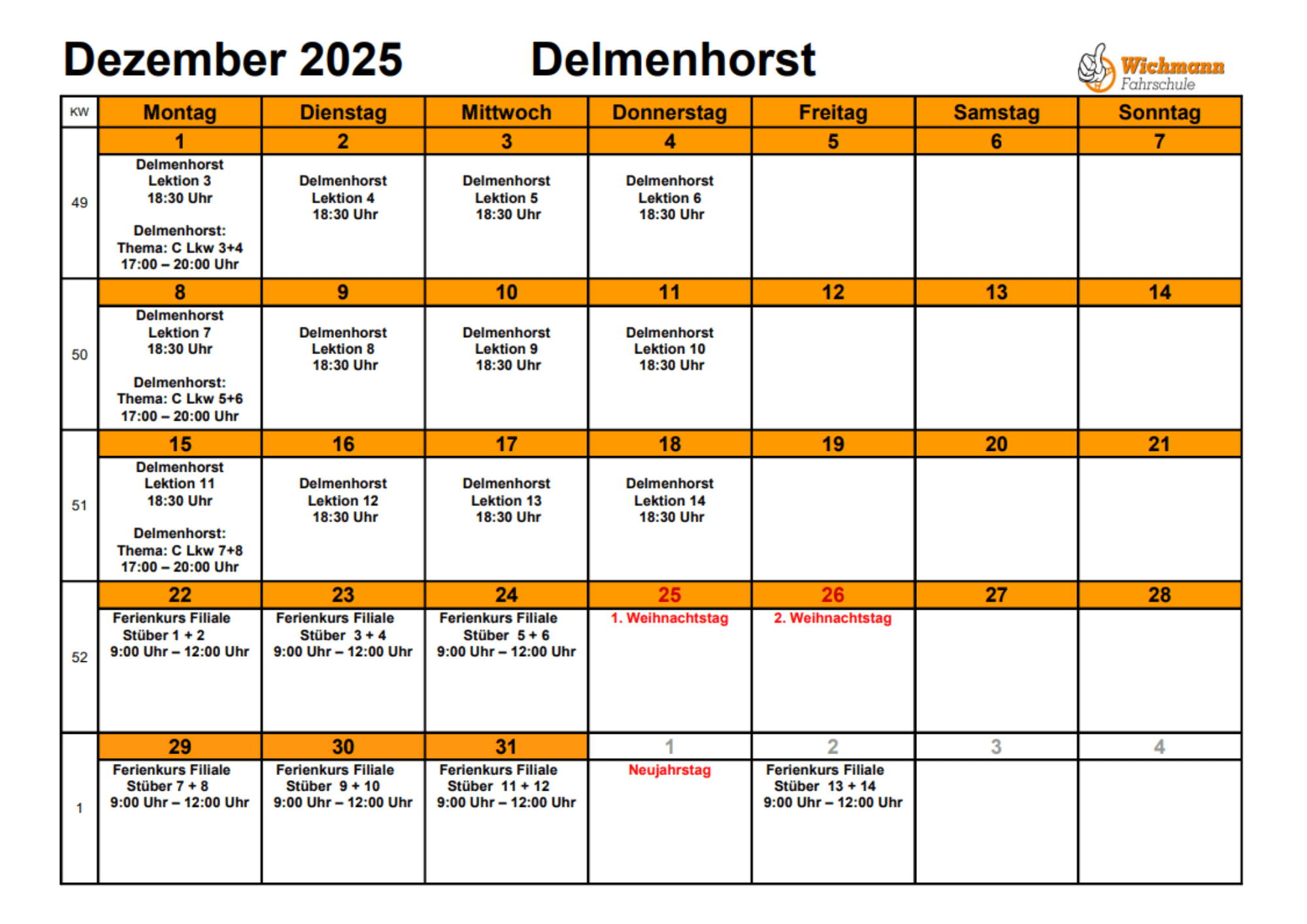 Theorieplan Juni 2025 der Fahrschule Wichmann in Delmenhorst mit Terminen für alle Führerscheinklassen.