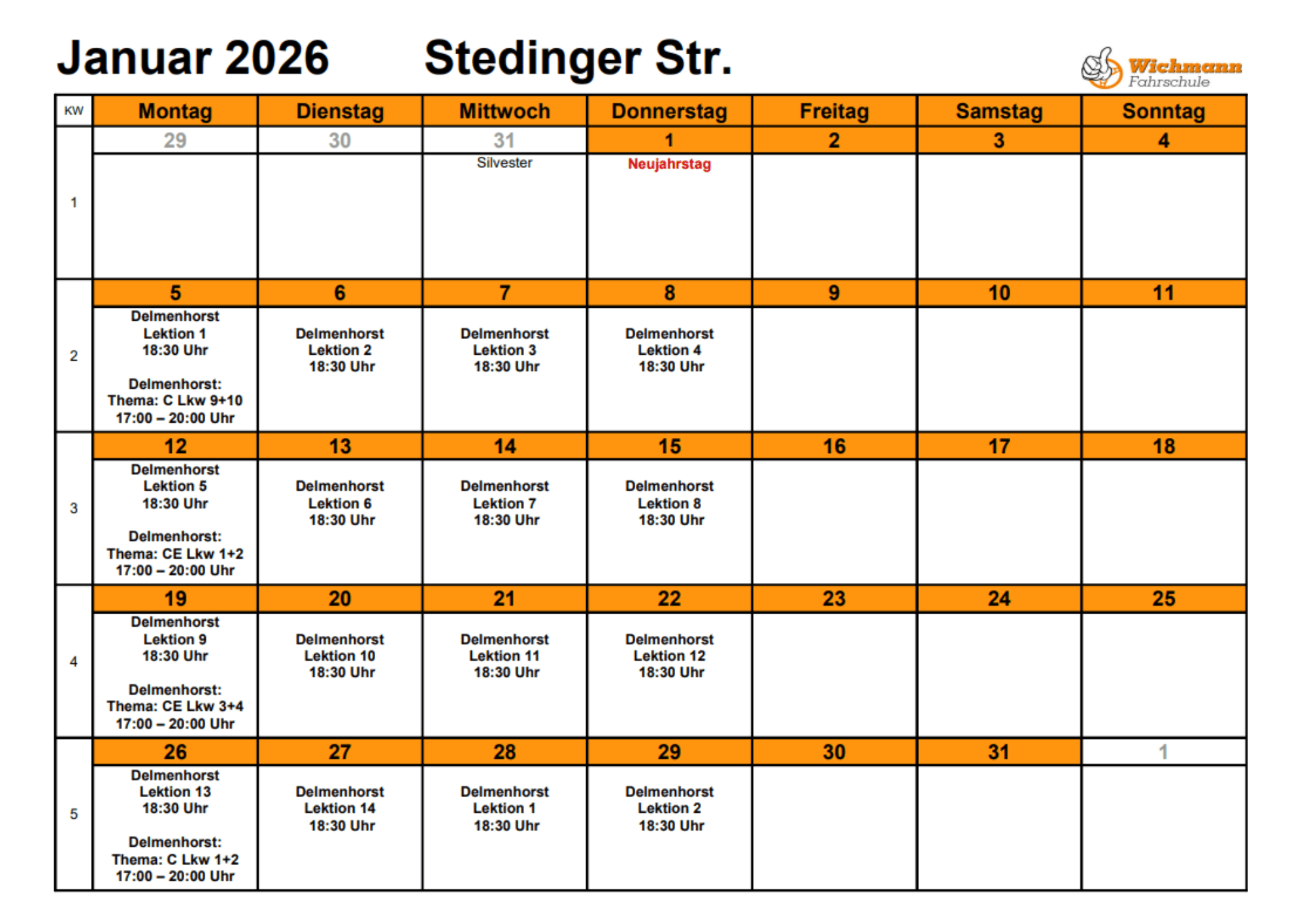 Ein Bild vom Stundenplan für den Theorieunterricht des Monats Juni