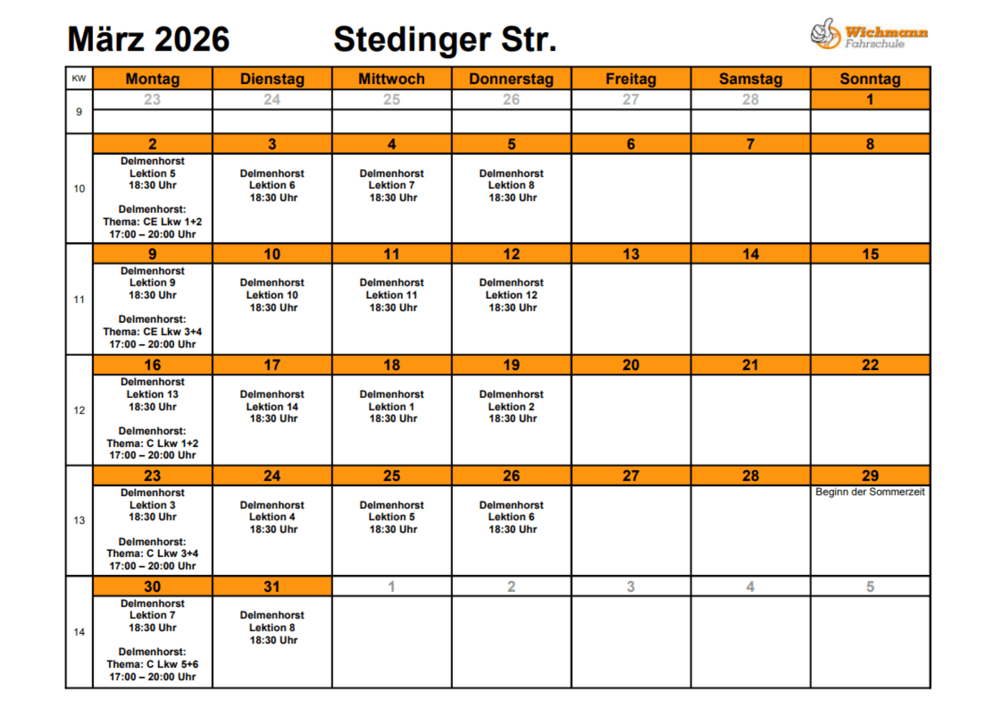 Ein Bild vom Stundenplan für den Theorieunterricht des Monats Juni