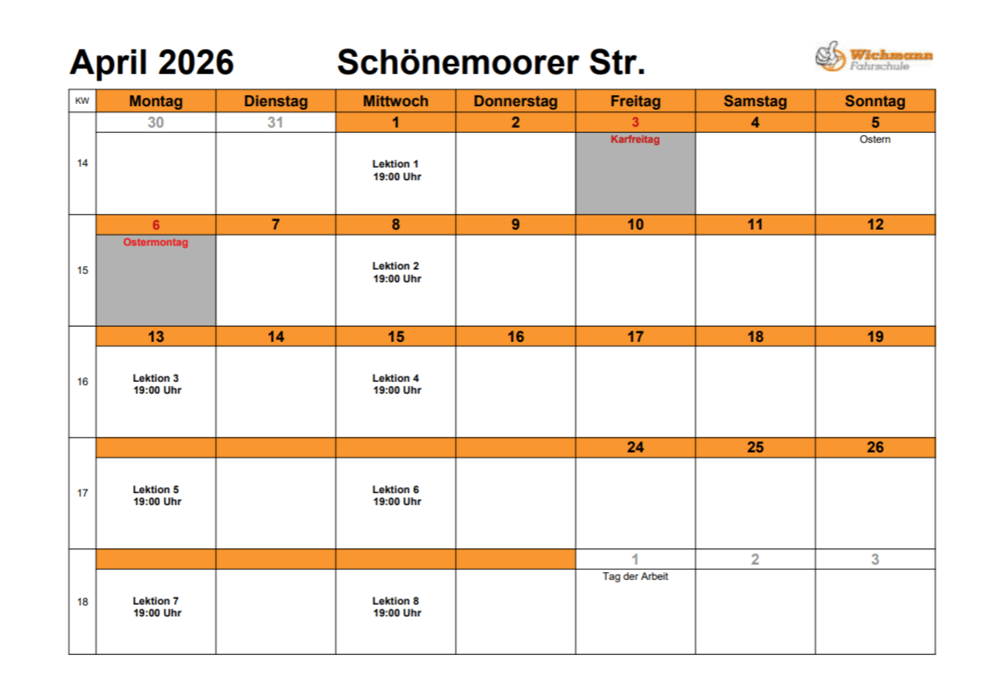 Ein Bild vom Stundenplan für den Theorieunterricht des Monats Juni