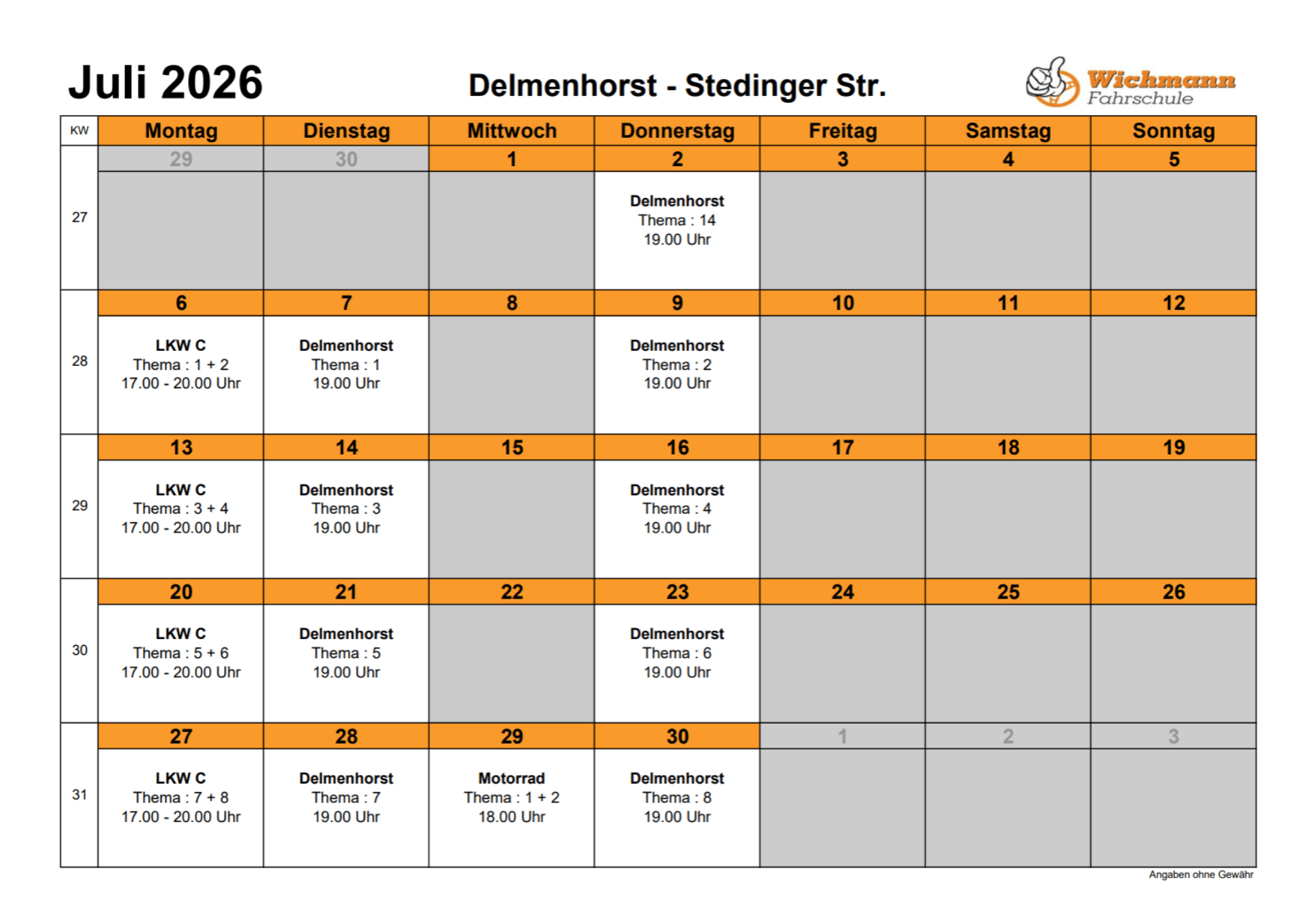 Ein Bild vom Stundenplan für den Theorieunterricht des Monats Juni