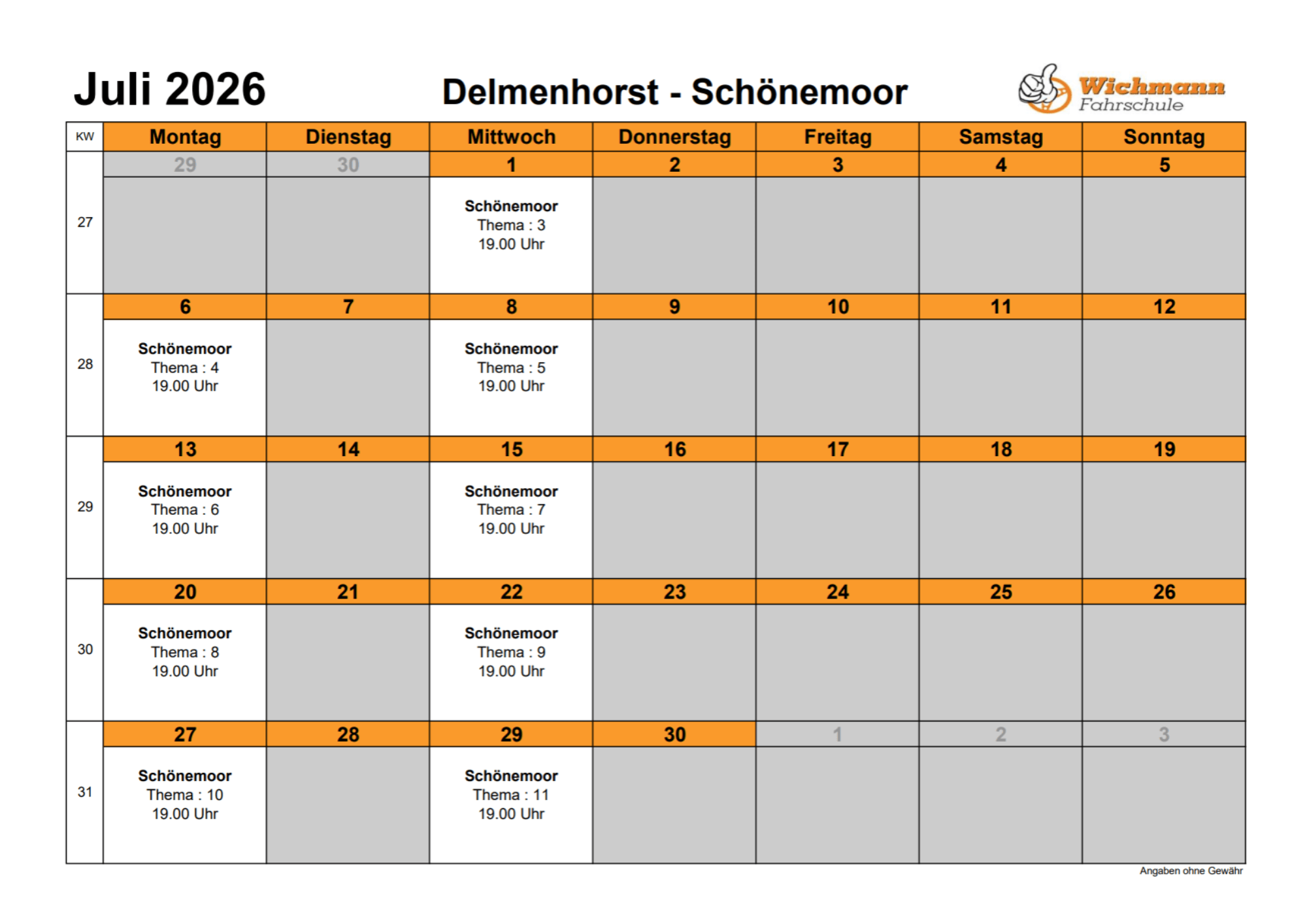 Mai 2026 Monatskalender für Delmenhorst–Schönenmoor von Wichmann Fahrschule mit Wochentagen, Terminblöcken und Abendkursen (Feiertage hervorgehoben).