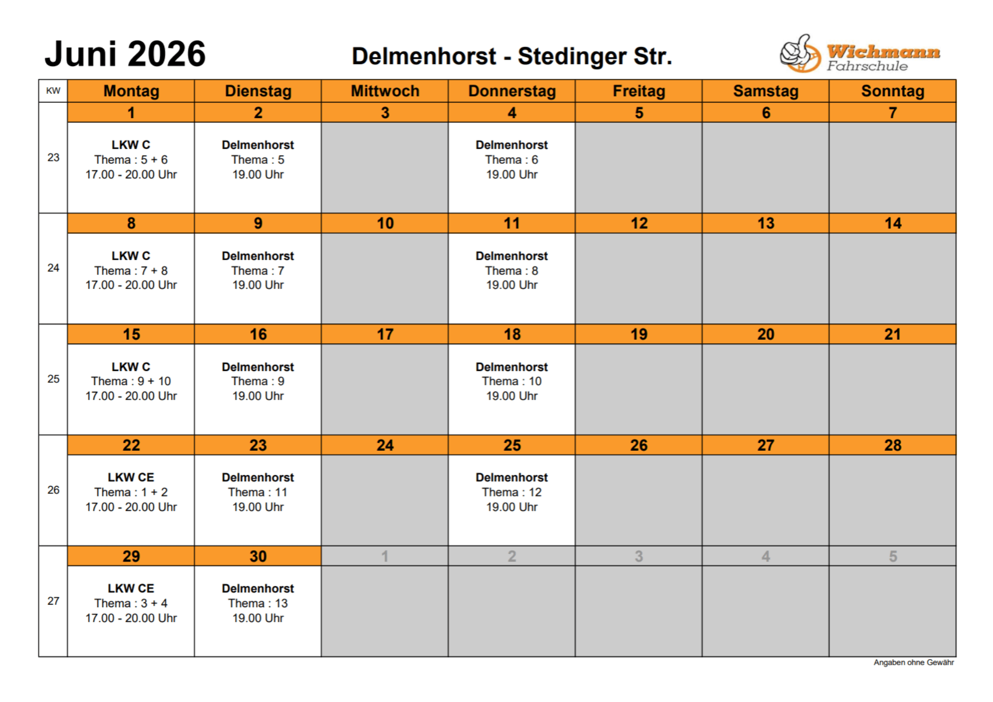 Theorieplan Juni 2025 der Fahrschule Wichmann in Delmenhorst mit Terminen für alle Führerscheinklassen.