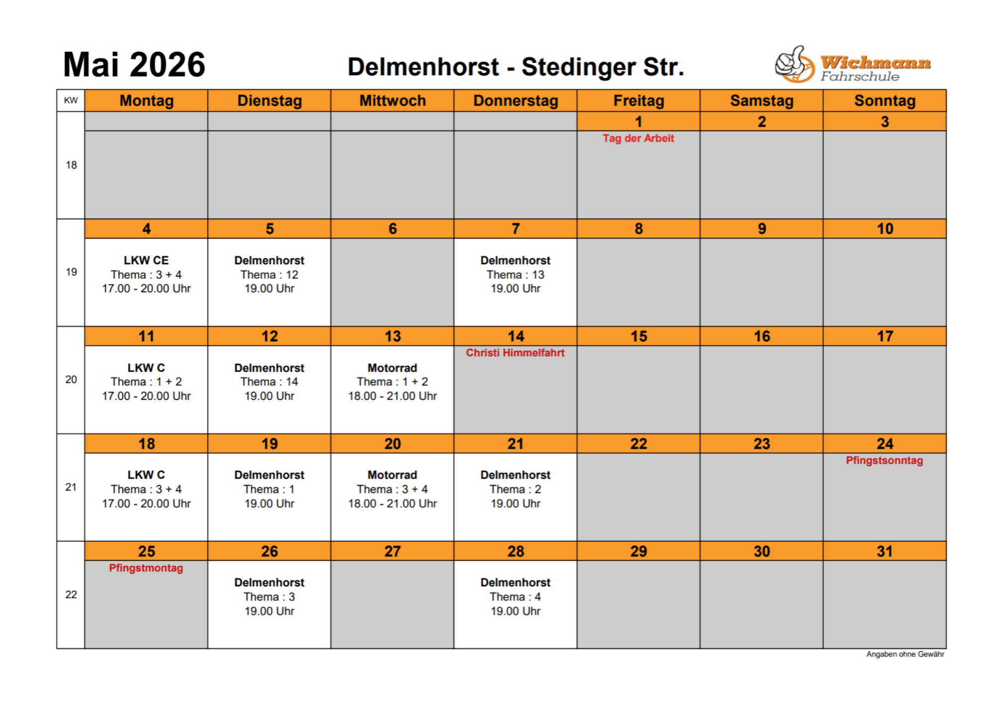 Ein Bild vom Stundenplan für den Theorieunterricht des Monats Juni