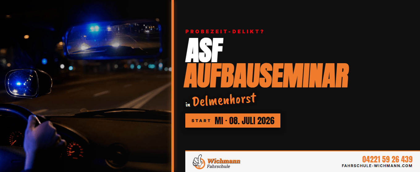 header-1360x558 Nighttime car interior with blue police lights in the mirror; ad for ASF Aufbau Seminar in Delmenhorst, July 2026 (orange text).