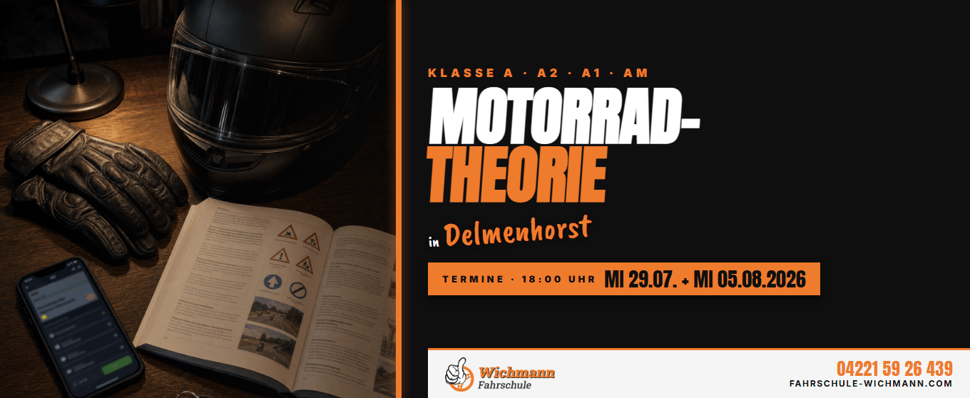 header-1360x558 Promotional banner for a Motorrad-Theorie course; left side shows a motorcycle helmet, gloves, an open manual, and a smartphone on a wooden desk.