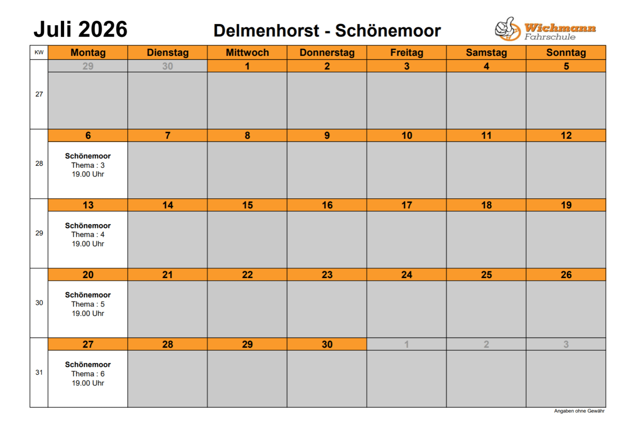 Mai 2026 Monatskalender für Delmenhorst–Schönenmoor von Wichmann Fahrschule mit Wochentagen, Terminblöcken und Abendkursen (Feiertage hervorgehoben).