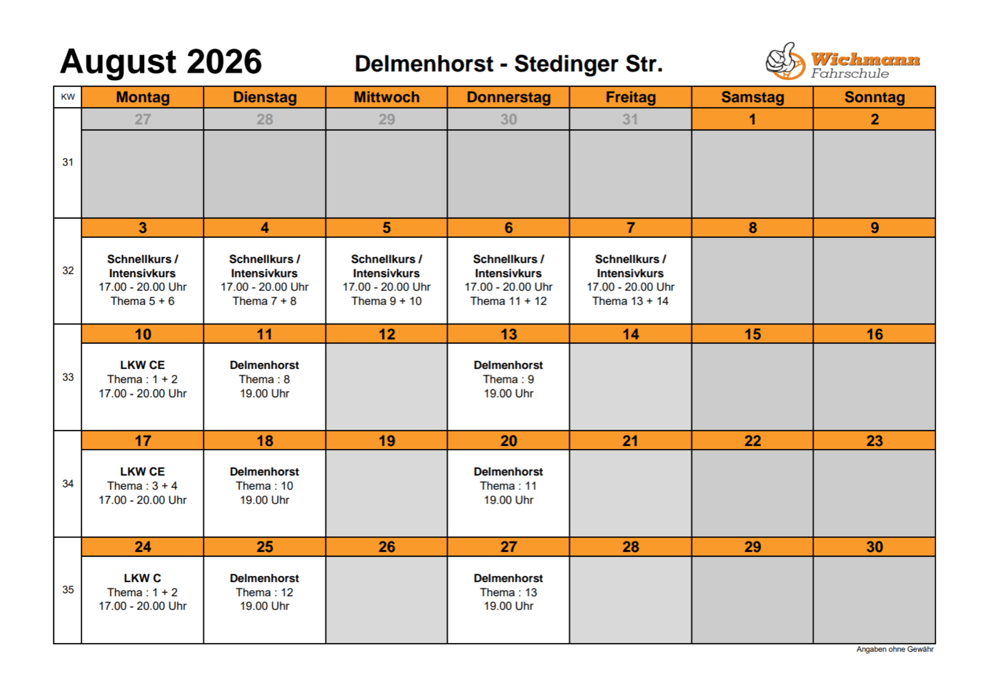 Theorieplan Juni 2025 der Fahrschule Wichmann in Delmenhorst mit Terminen für alle Führerscheinklassen.