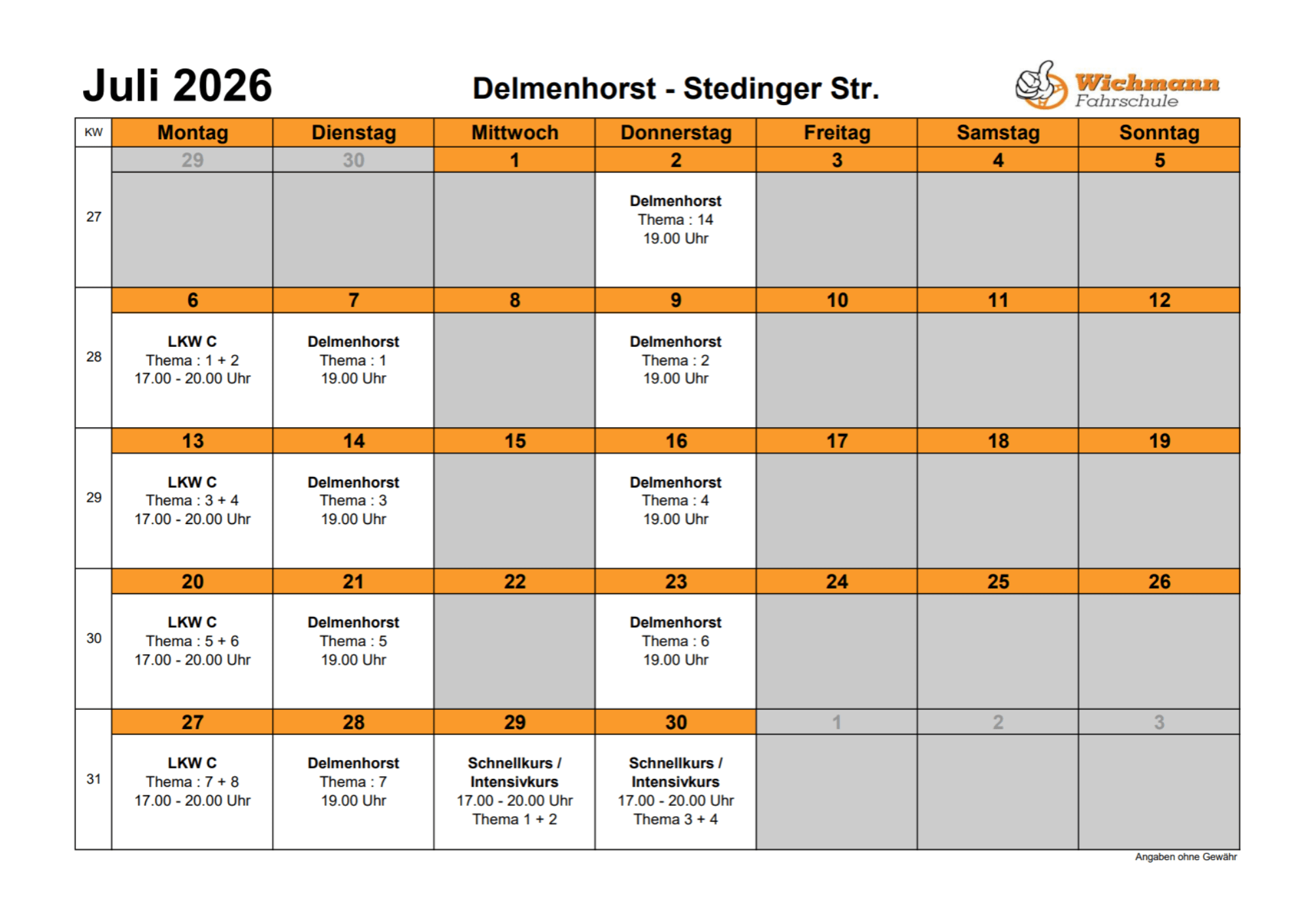 Ein Bild vom Stundenplan für den Theorieunterricht des Monats Juni