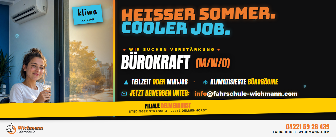 header-1360x558 Young woman sits outside a blue building holding a glass, next to a bold black job-ad banner with orange and blue text.