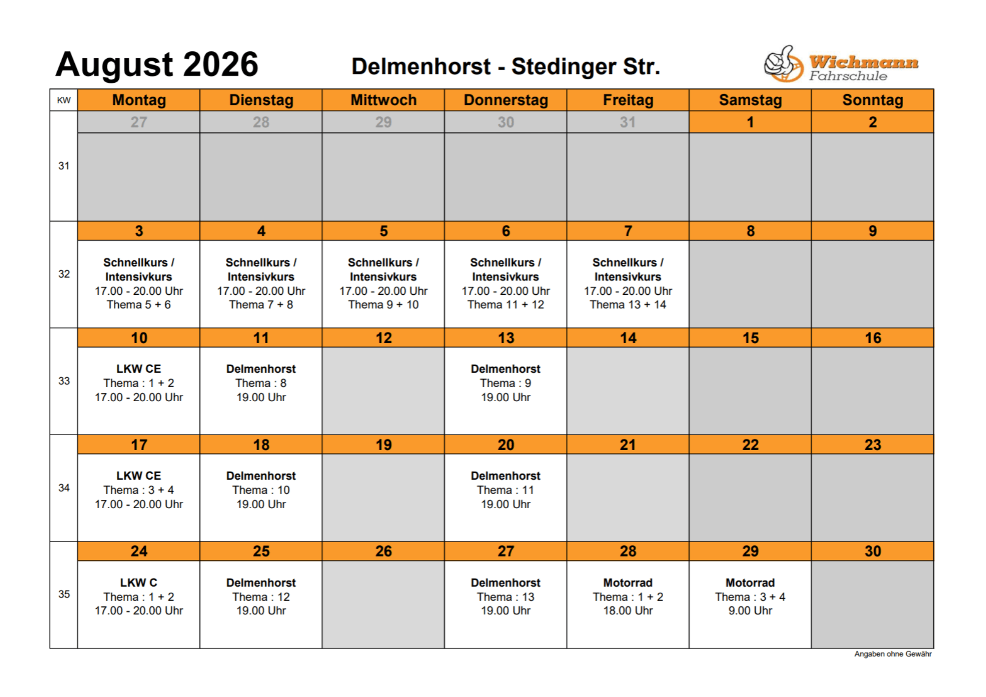 Ein Bild vom Stundenplan für den Theorieunterricht des Monats Juni