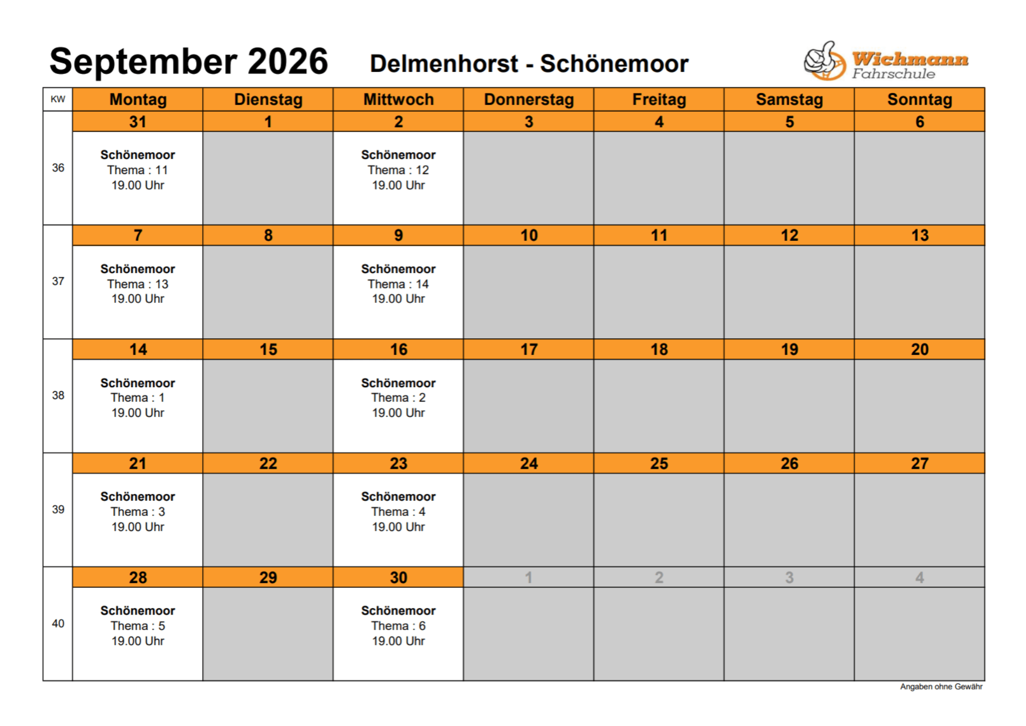 Calendar page for September 2026 (Delmenhorst – Schönemoor) with orange day headers and gray blank cells; white cells list events labeled 'Schönenmoor' with 'Thema:' and '19.00 Uhr' times.