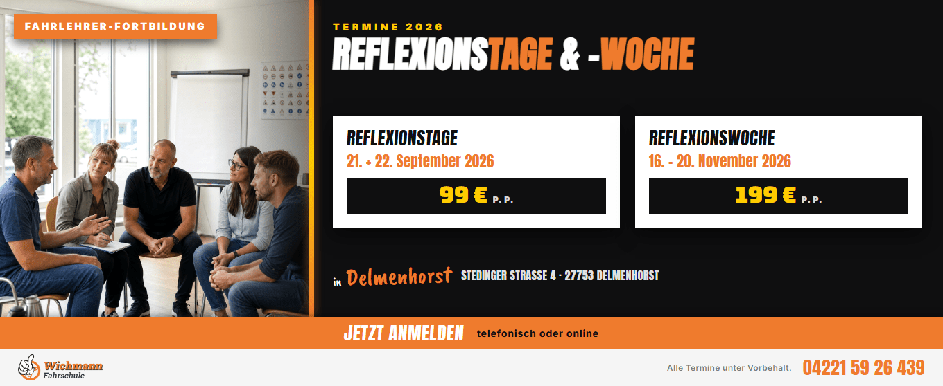 header-1360x558 Group of adults in a meeting on the left; the right side shows a black promotional banner for Reflexionsstage & Reflexionswoche with dates and prices (99€ and 199€).