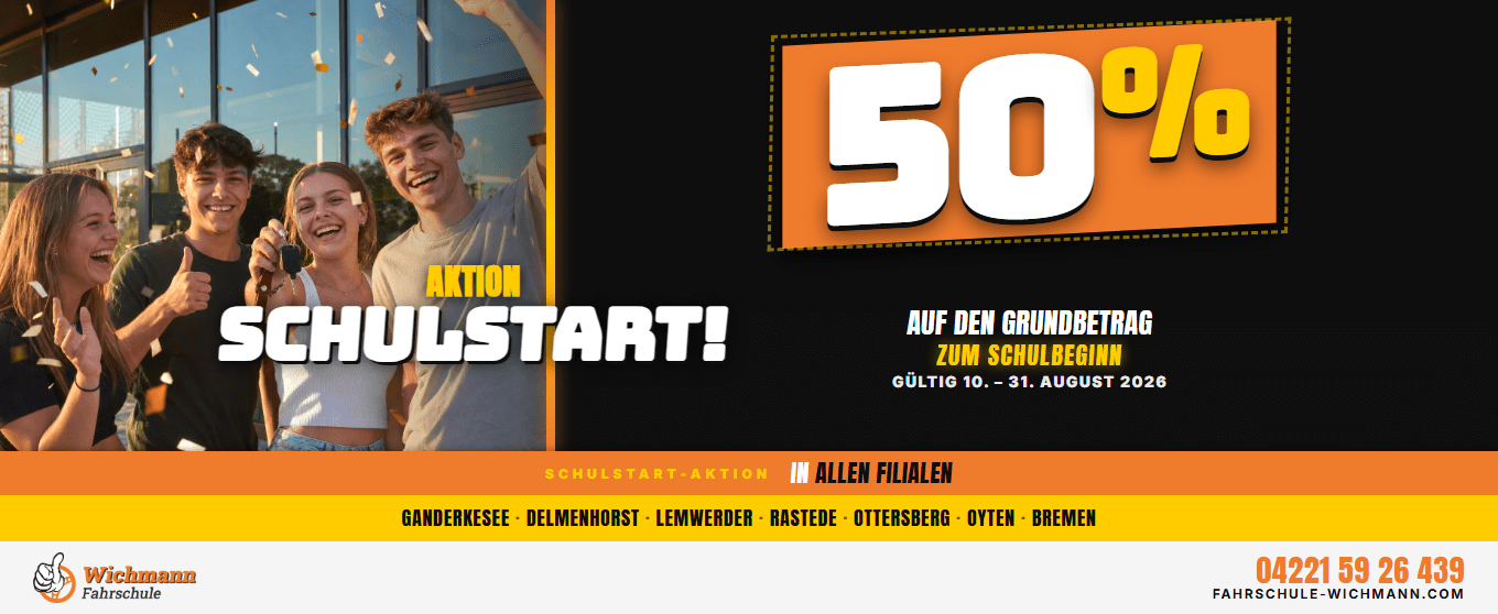 header-1360x558 Group of happy students celebrating outside a building with a large 50% discount sign for Schulstart (advert banner).