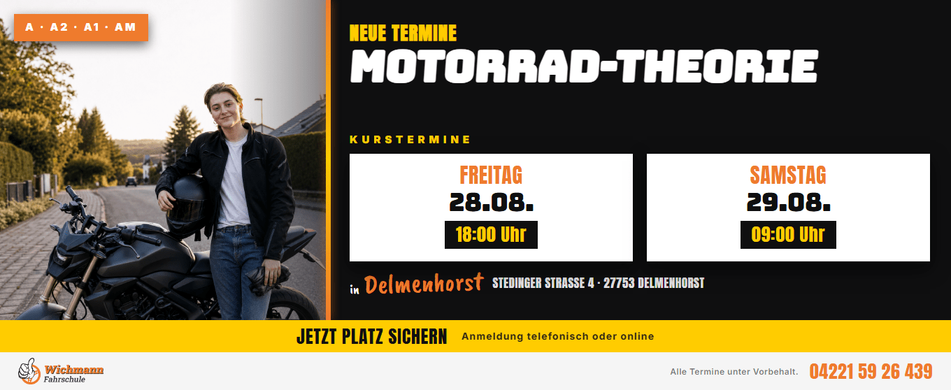 header-1360x558 Left side shows a young man with a helmet beside a black motorcycle on a sunny street; right side is a bold Motorrad-Theorie course ad with dates 28.08 18:00 Uhr and 29.08 09:00 Uhr.