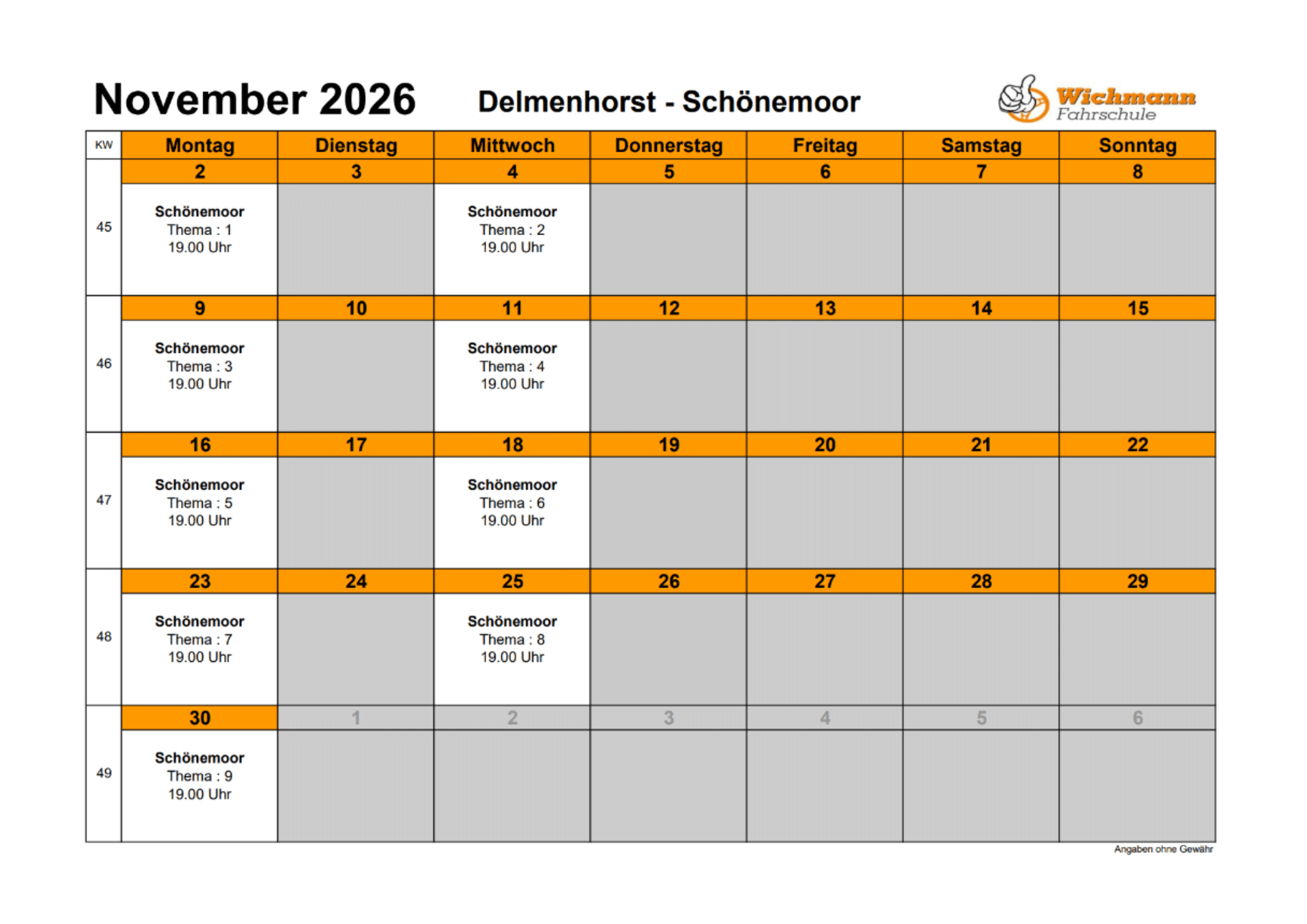 Month calendar for November 2026 from Wichmann Fahrschule showing weekly topics (Schönemoor) with 19:00 sessions on select days.