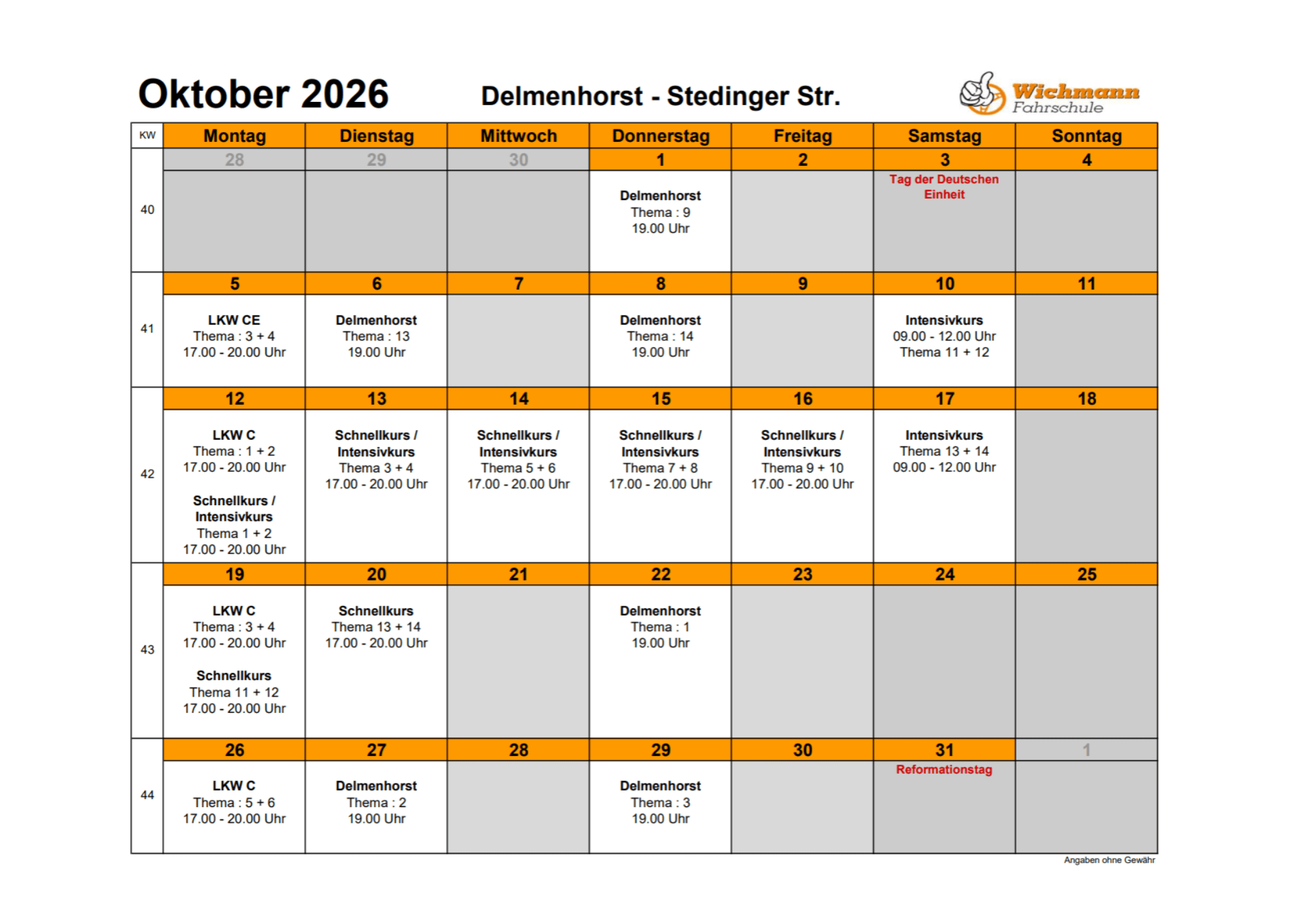 Month calendar for October 2026 at Delmenhorst - Stedinger Str., with orange header cells and scheduled classes in white blocks (times shown).