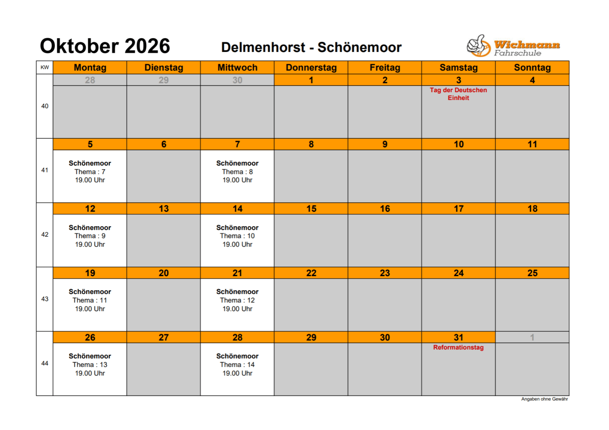 October 2026 calendar for Delmenhorst–Schönemoor with daily blocks and evening talk titles like 'Thema: 7' and 'Tag der Deutschen Einheit' on Oct 3–4