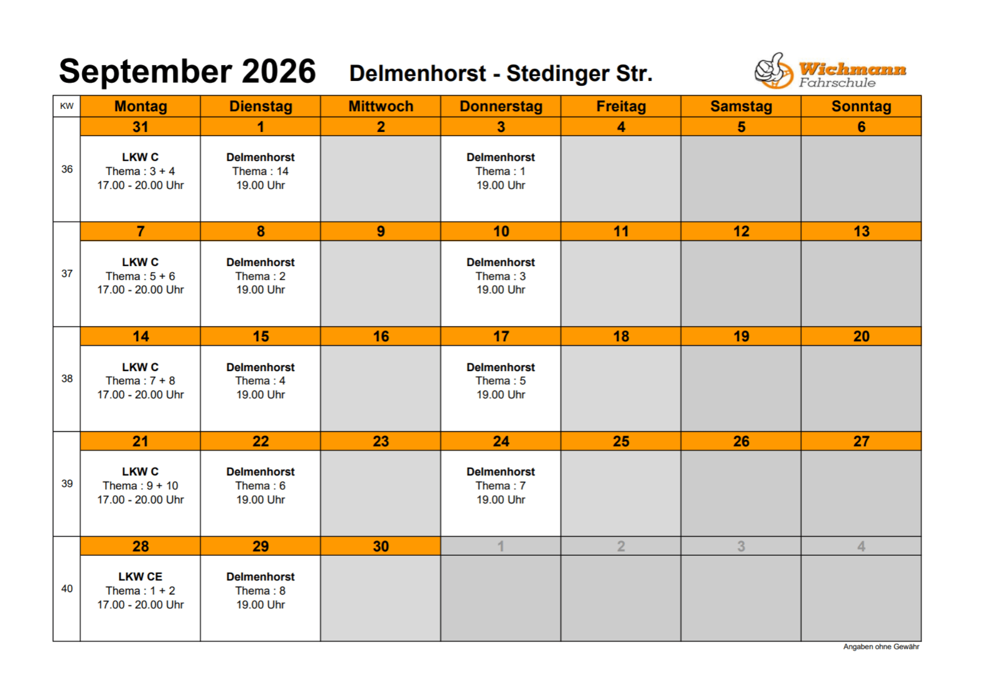 Theorieplan Juni 2025 der Fahrschule Wichmann in Delmenhorst mit Terminen für alle Führerscheinklassen.