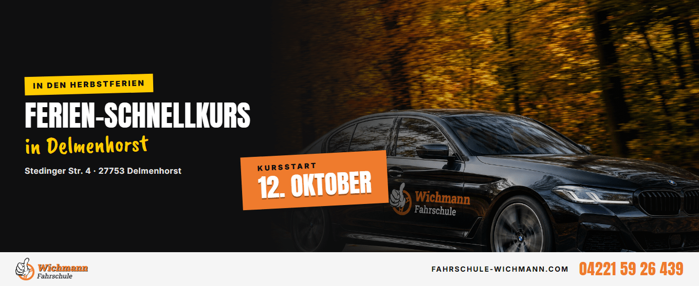 header-1360x558 Advertisement banner for a fall driving course in Delmenhorst, with date 12. Oktober and driving school logo Wirmann Fahrschule